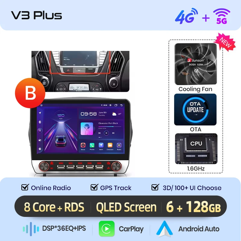 Junsun 13.1″ QLED Draadloze CarPlay Android Auto Autoradio Voor Hyundai Tucson 2 ix35 2009-2015 Intelligente Systemen DSP SWC RDS