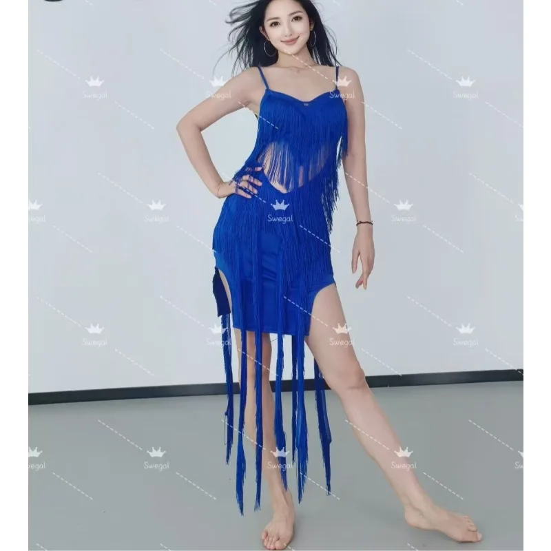 Customized Oriental Drum Dance Belly Dance Costume Blue Tassel Skirt Latin Dance Dress Indian Clothes Women - Image 4