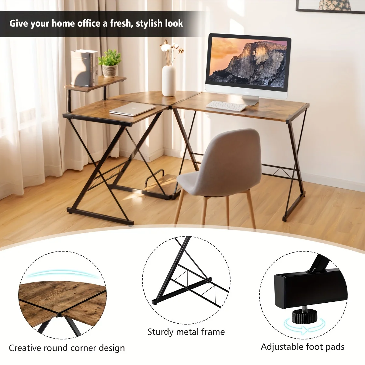 Bureau d'Ordinateur d'Angle Réversible Industriel en Forme de L, avec Étagère et Support CPU, pour Chambre à Coucher, Bureau, Table d'Étude, 1 Pièce