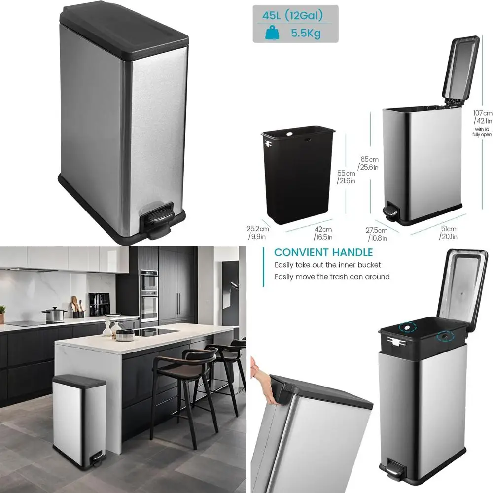 

45L Stainless Steel Step-On Trash Can with Lid, Inner Bucket for Kitchen Use, Slim Design for Narrow Spaces