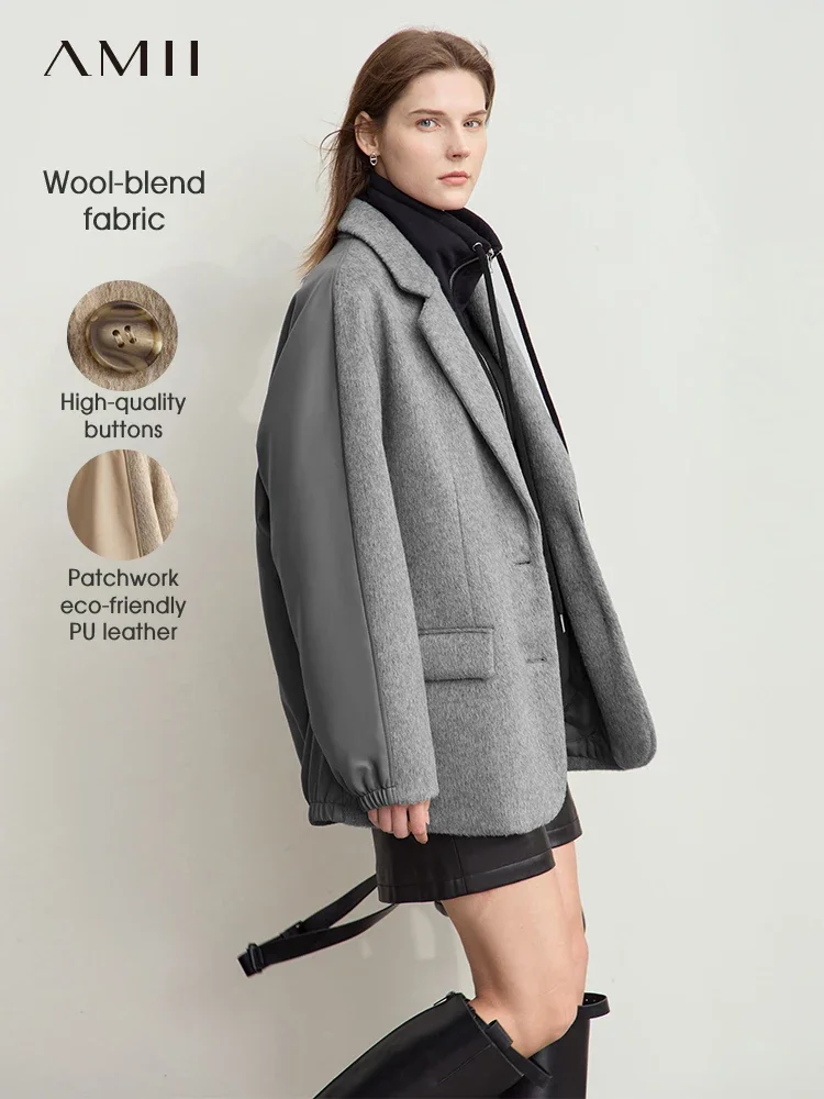 AMII Minimalism Splicing PU Woolen Coat for Women 2024 Winter New Casual Commuter Straight Loose Mid-length Outerwear 12444118