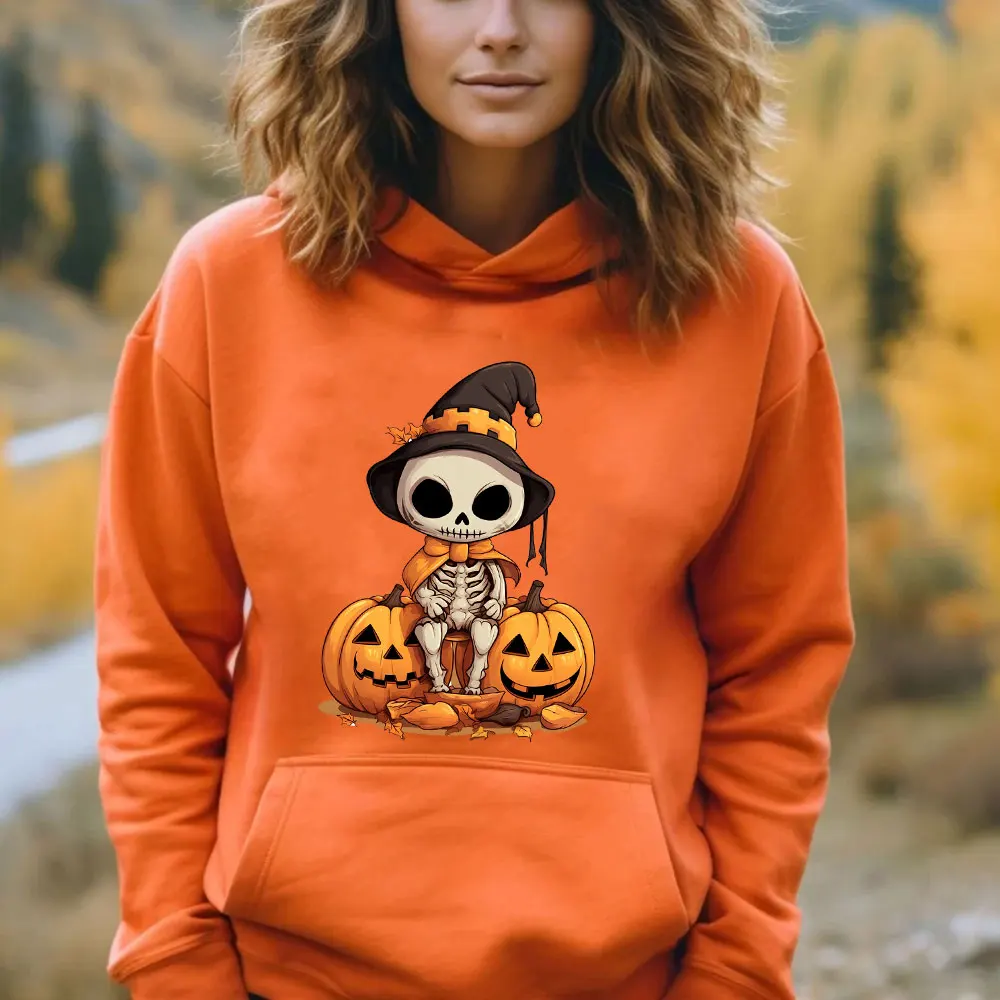 Halloween Bones Witch Pumpkin Graphic Hoodies Woman Man Autumn and Winter All Saints' Day Orange Sweatshirt Creative Hoody