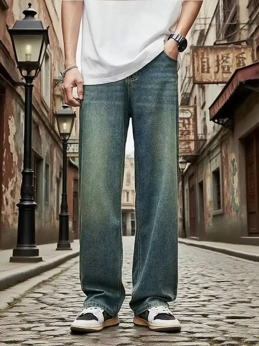 

New Streetwear Loose Jeans Men Korean Fashion retro Denim Pants Solid wash Casual straight tubeTrousers Men Brand Clothing Wear