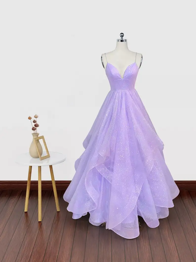 Lilac Long Prom Dresses 2024 Glitters Tulle Ball Gown Spaghetti Strap Sleeveless Evening Gowns CUSTOM MADE