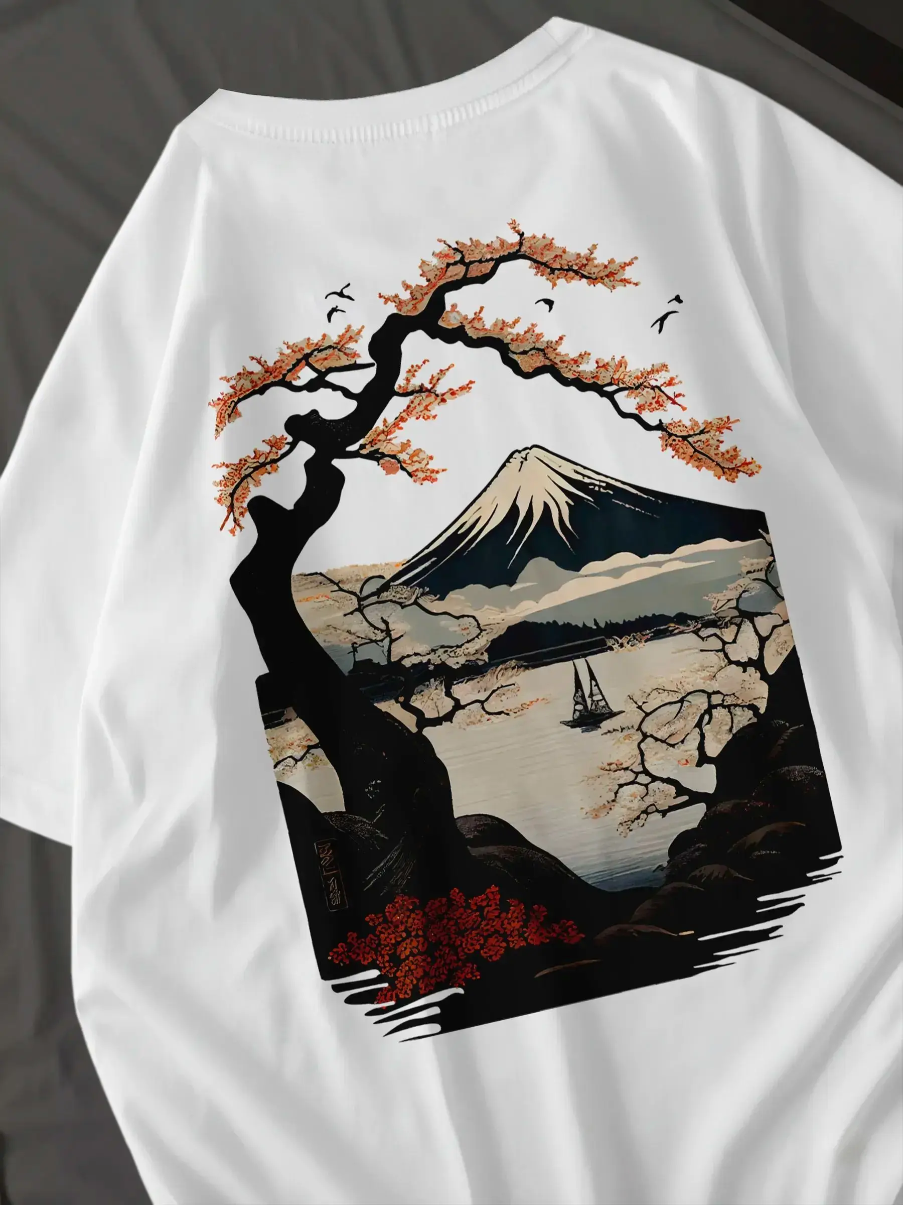 Japanese Landscape Painting Pattern Men's Retro Street Culture Print Casual Oversized Loose Short Sleeved Unisex Street Top