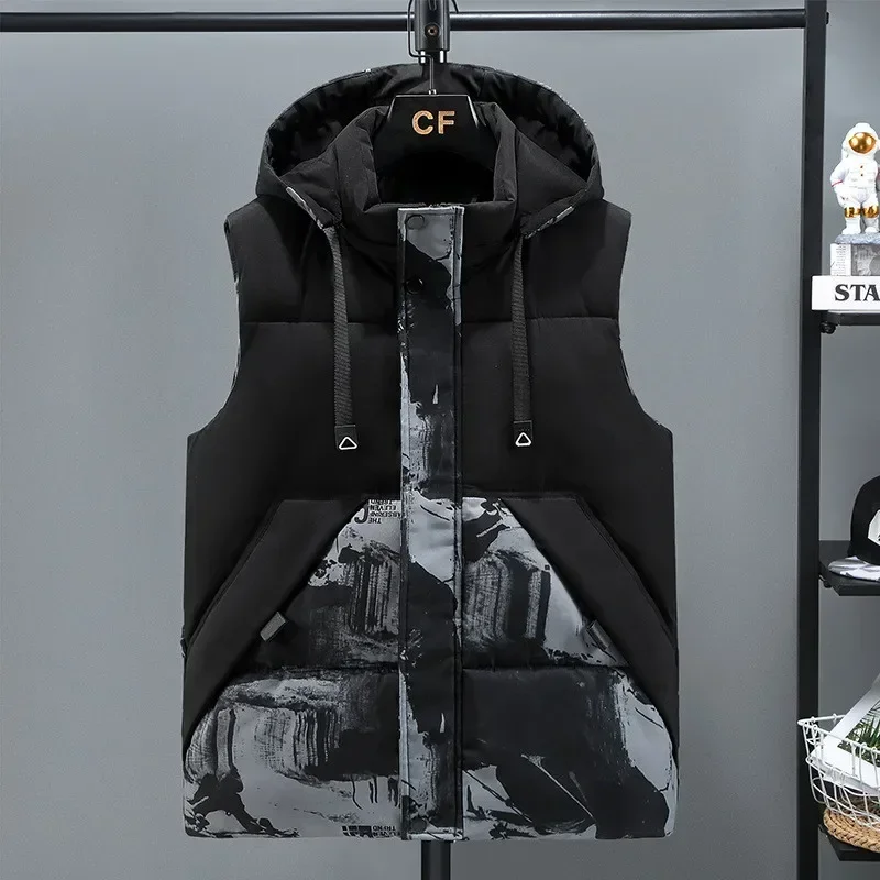 

2025 Winter Hooded Vest Men 8XL Plus Size Cotton Padded Vest Windproof Warm Sleeveless Jacket Homme Waistcoat Thicken Parkas