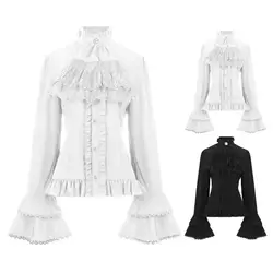 Victorian Women's Ruched Lace Shirts And Blouses Gothic Lolita Vintage Long Sleeve Lotus Ruffle Solid Black White Tops Shirt