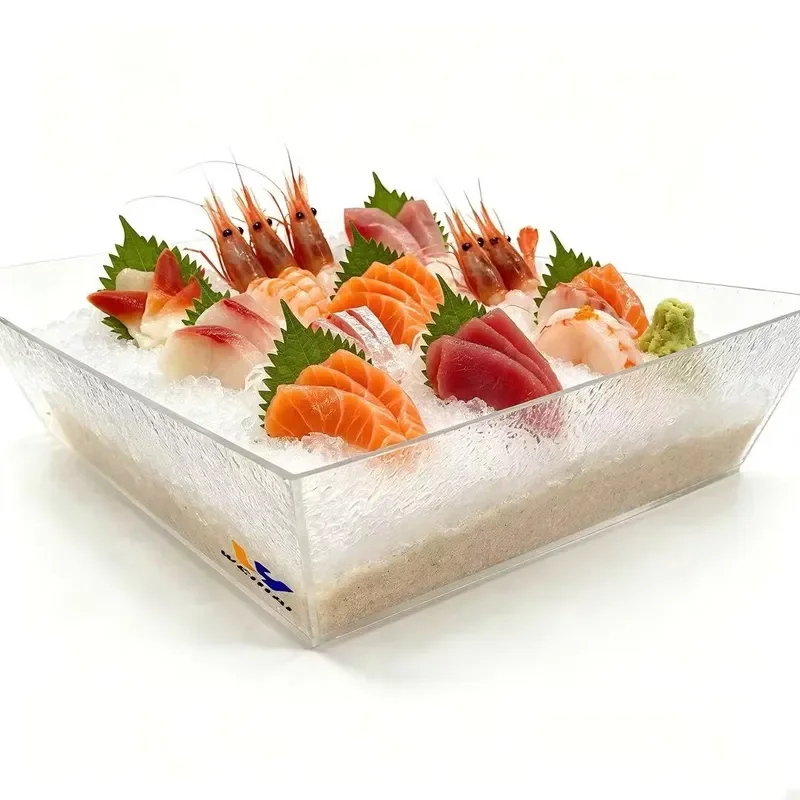 Transparent Acrylic Sushi Ice Tray Textured Sashimi Display Plate for Japanese Restaurant Commercial Seafood Serving Platter