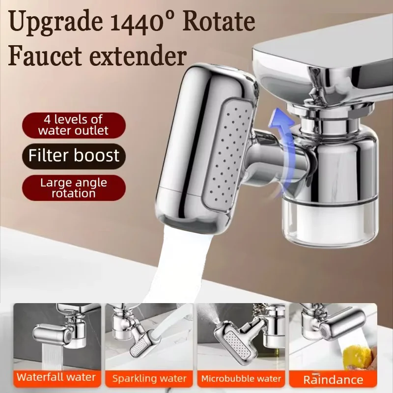 Métal 1440 ° Extension de robinet rotative avec filtre, aérateur de robinet universel, 4 Modes, lavabo pivotant, bras robotique, extension de robinets