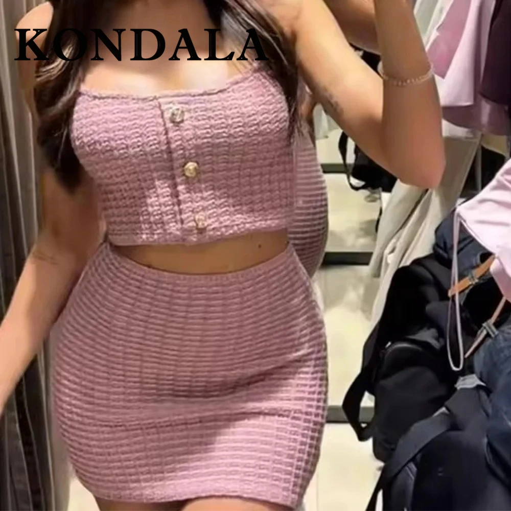 

KONDALA Chic 2025 эластичный праздничный женский розовый костюм, короткий сексуальный мини-топ на бретельках + юбка-футляр с эластичной резинкой на талии, вязаный женский комплект для вечеринки