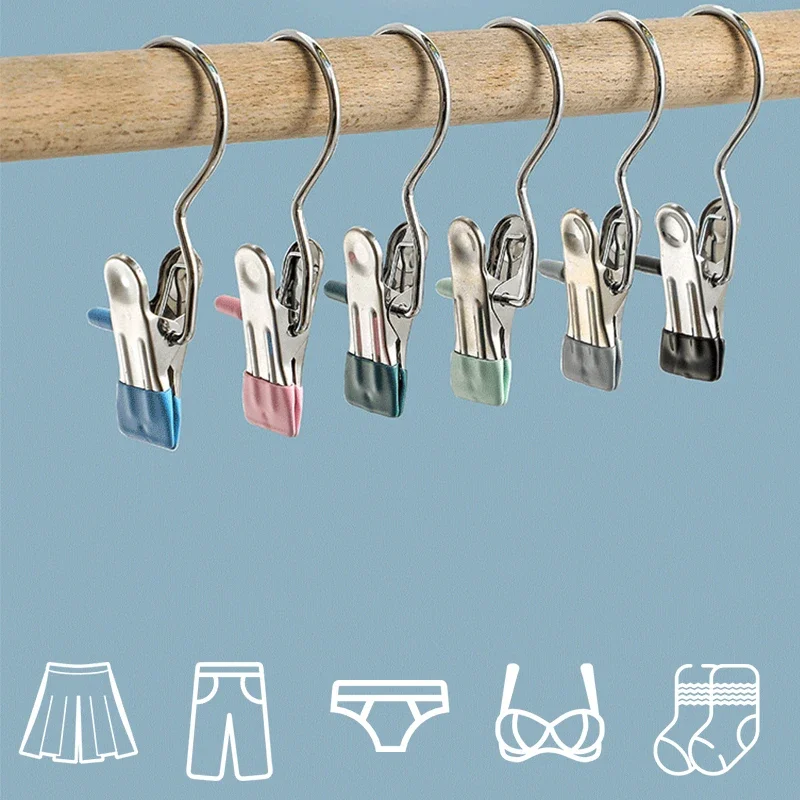 10/5PCS Stainless Steel Clothespins Laundry Clothes Pegs With Hook Closet Clothes Organizer Pants Hanger Portable Clothes Clips