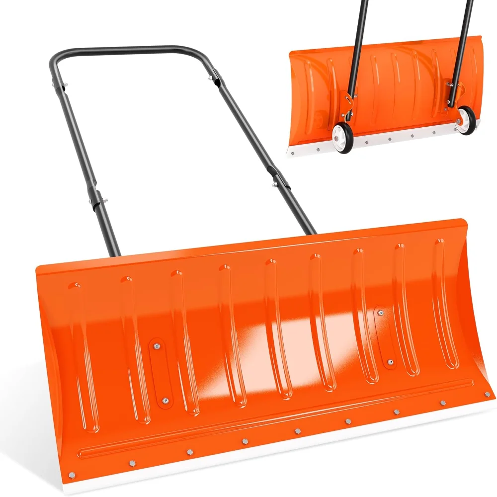 

30" Wide Metal Snow Shovel with Wheels, Manual Push Plow and Ice Scraper for Driveways