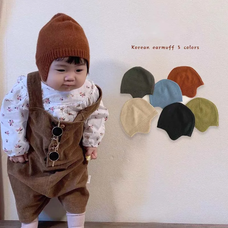 Korea 2024 Autumn Baby Knit Hat Solid Color Kids Beanie Cap Kids Ear Protection Hat Children\'s Woolen Hat For Girls Boys