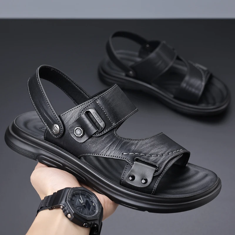 Men's Adjustable Strap Sandals with Dual Buckle Closure for Casual Summer Wear, Lightweight Comfortable Design with Stitched Det