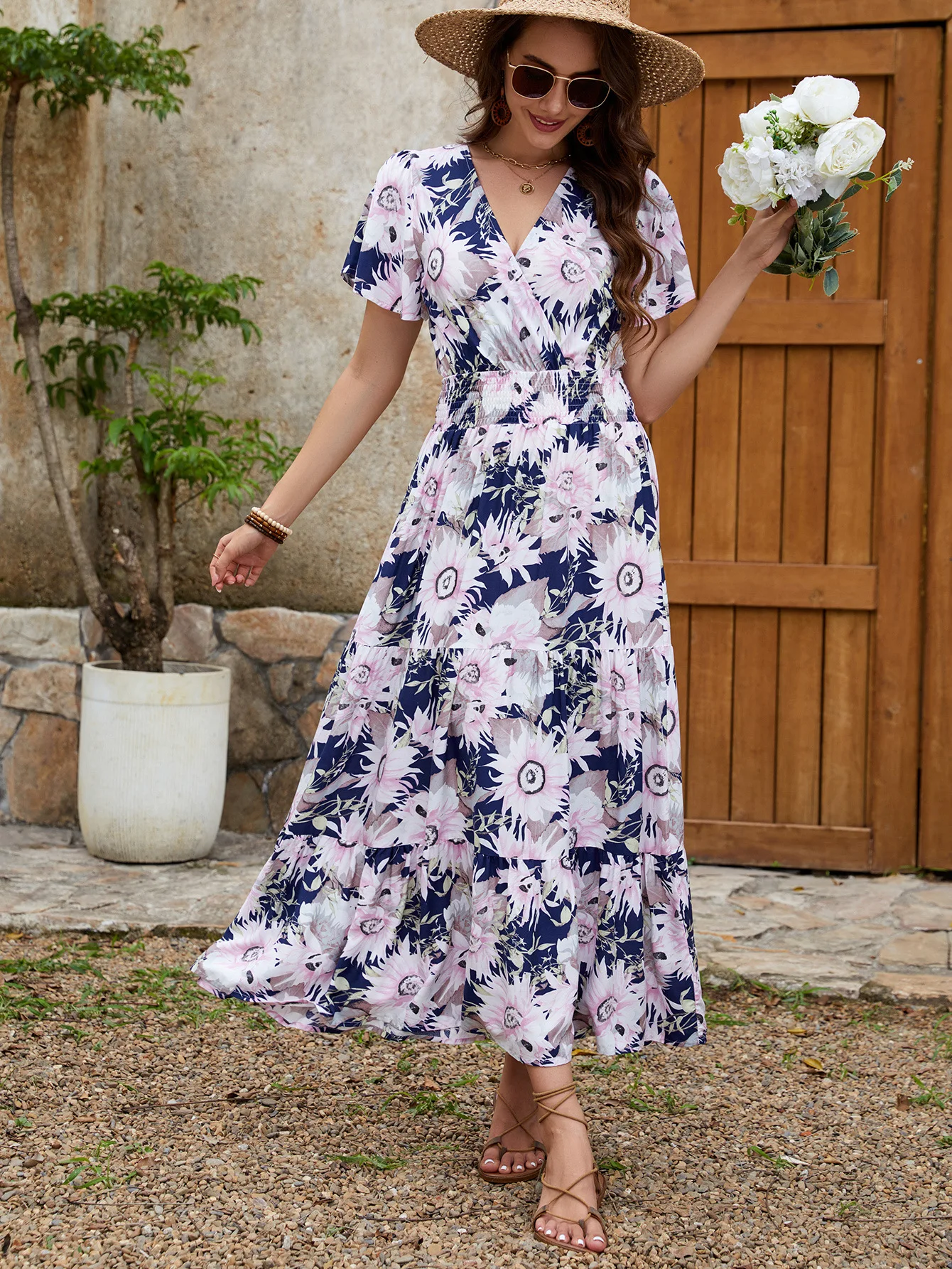 2025 여름 신상 코튼 반팔 V넥 롱 드레스 플로럴 프린트 휴가 스타일 캐주얼 비치 드레스 보헤미안 레트로 베스티도스