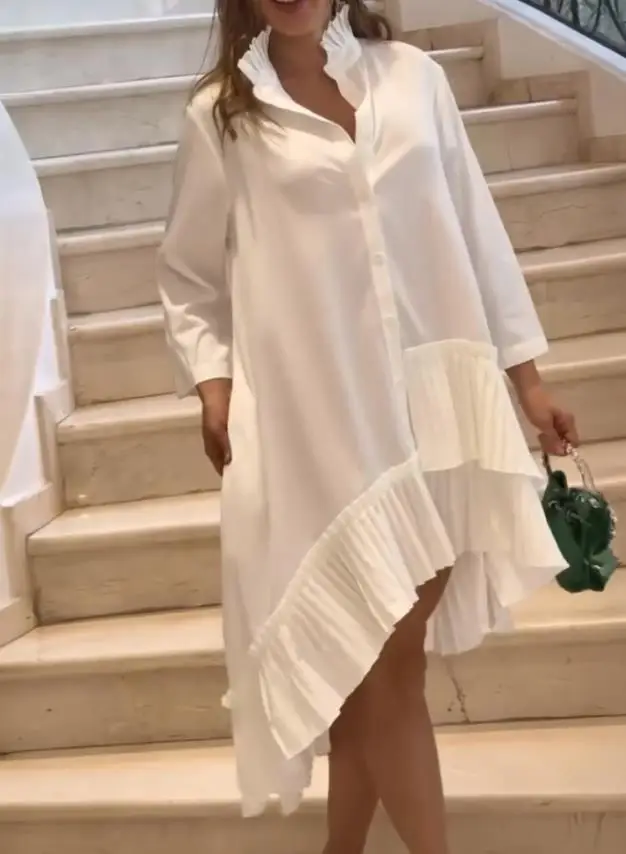 Vestidos de mujer plisado cuello alto botón abajo asimétrico plisado dobladillo con volantes vestido de vacaciones Casual dobladillo alto-bajo vestido suelto
