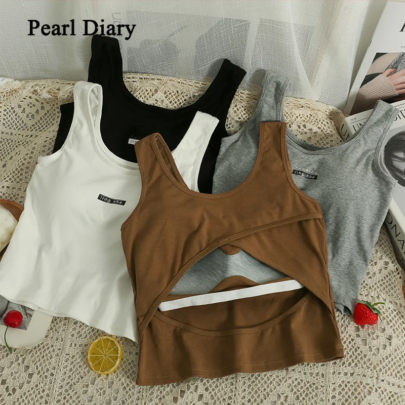 

Pearl Diary Summer New Style Sexy Crop Tops Behind Hollow Out Knitting Y2K Clothes Fashion All-Match Letter American Retro Top