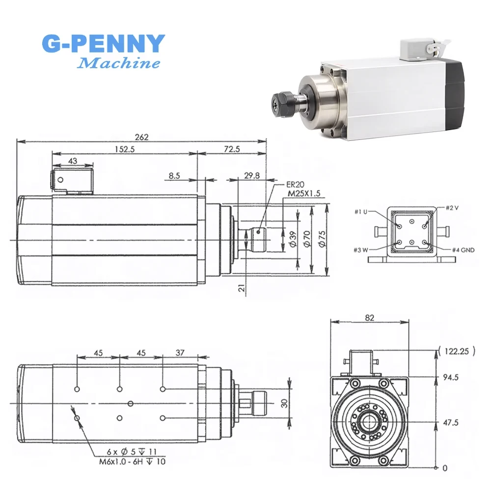 G-penny 1.5kw ER20 air cooled spindle motor square spindle air cooling 4 pcs bearings 0.01mm accuracy for CNC engraving