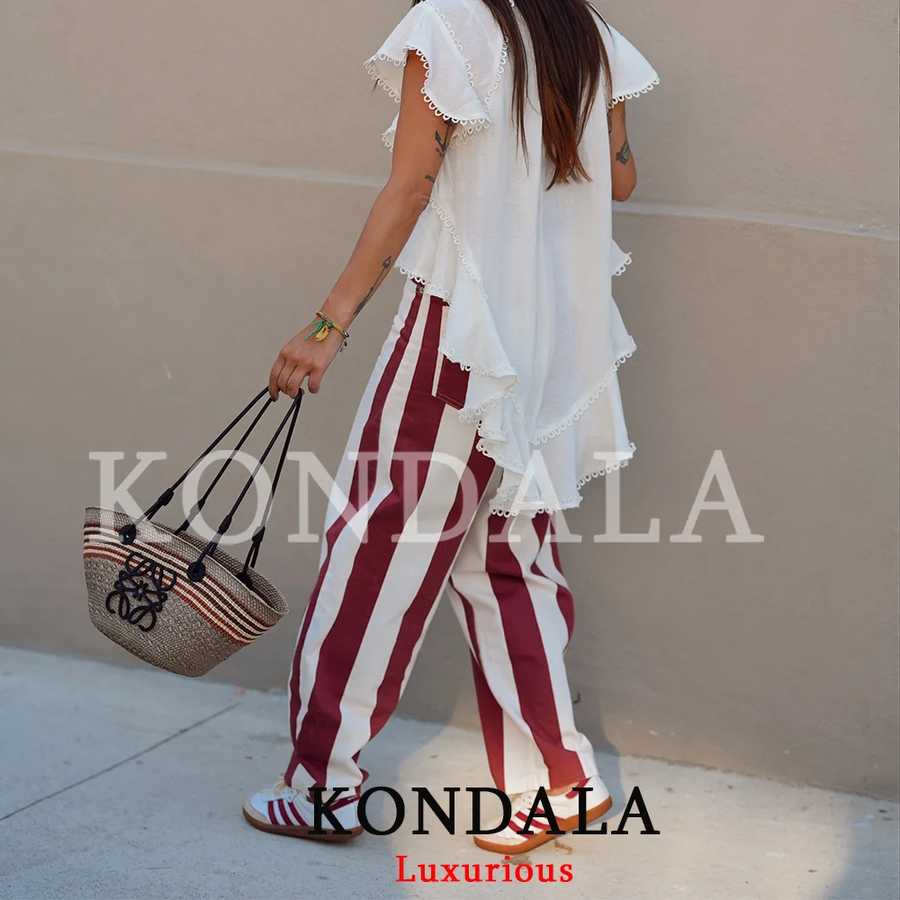 KONDALA Vintage Chic Rote Streifen Loose Fit Lange Hose Boho Elegante Damen Weite Hose Mode 2026 Herbst Lässige Damenhose – Detail 7