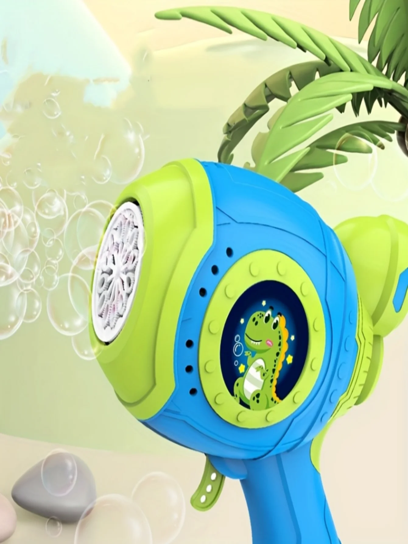 Elektrische Seifenblasenpistole mit Dinosauriermotiv für Kinder. Es handelt sich um eine tragbare automatische Seifenblasenmaschine, geeignet für den Außenbereich.