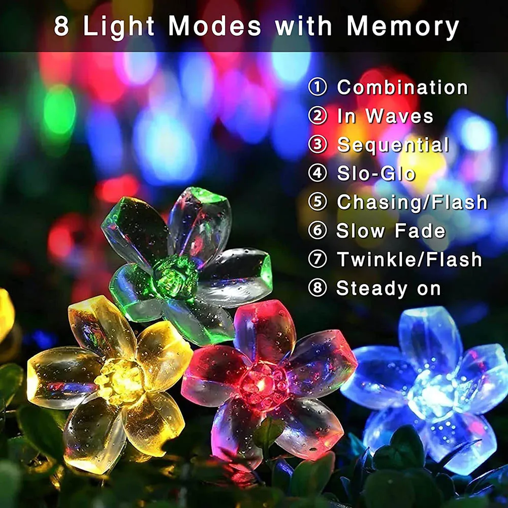 Solar Flower Strings Lights Solar Fairy Lights Cherry Blossoms String Lights for Outdoor Lawn Wedding Patio Party Decorations