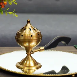 Brass Censer Solid Wood Handle Handheld Incense Holders Ornaments Copper Art Burners Home Neo-classical Tea Room Decor