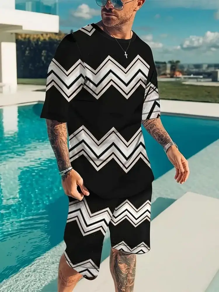 Men's Color Clash Geometric Pattern T-shirt and Casual Shorts Suit, Suitable for Summer Everyday Wear/holiday/beach/party Men's