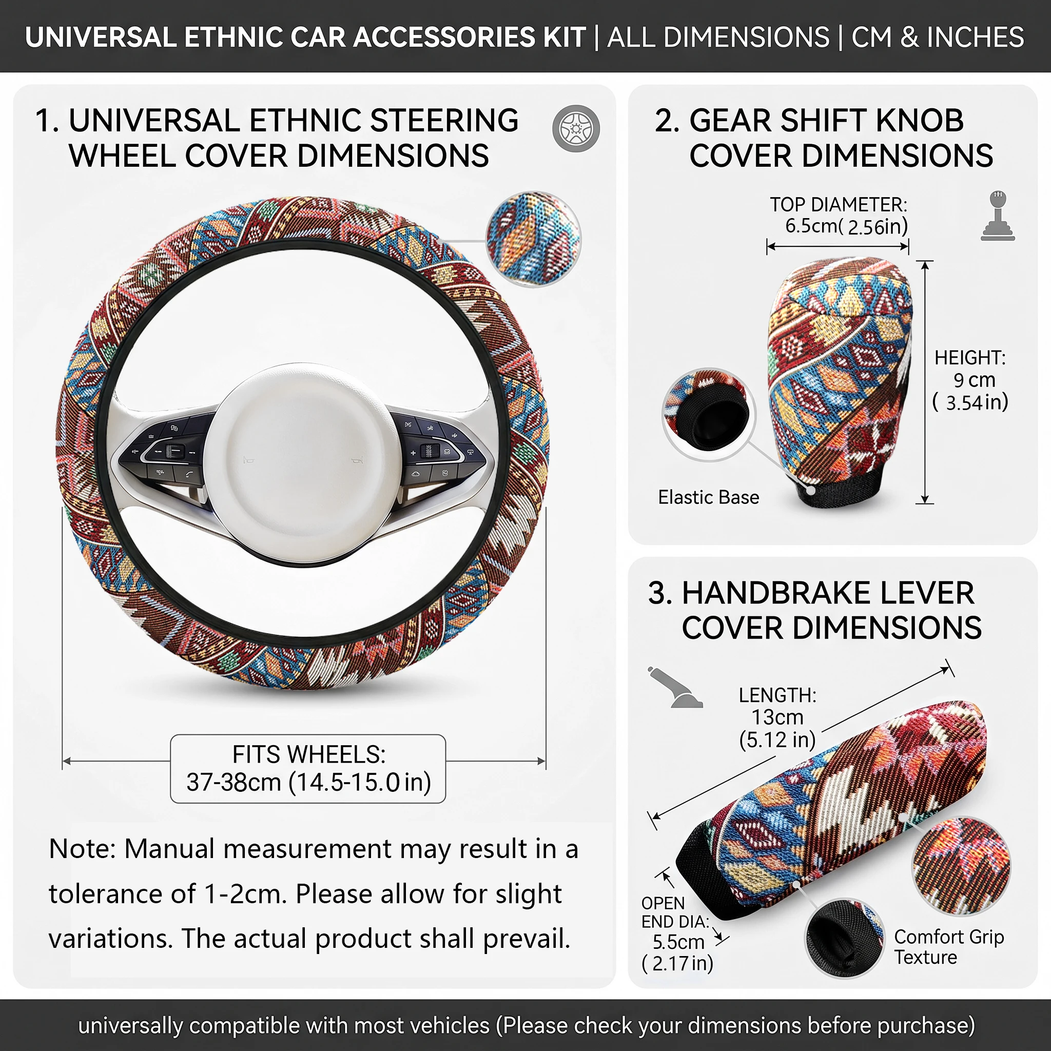 3PCS Boho Car Interior Set (Includes 1 Steering Wheel Cover, 1 Gear Shift Cover, and 1 Handbrake Cover) Fits All Seasons