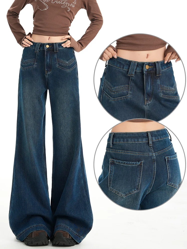 Amerikaanse stijl laag getailleerde pittige meisje grote voet uitlopende jeans dames herfst en winter losse elastische broek met wijde pijpen