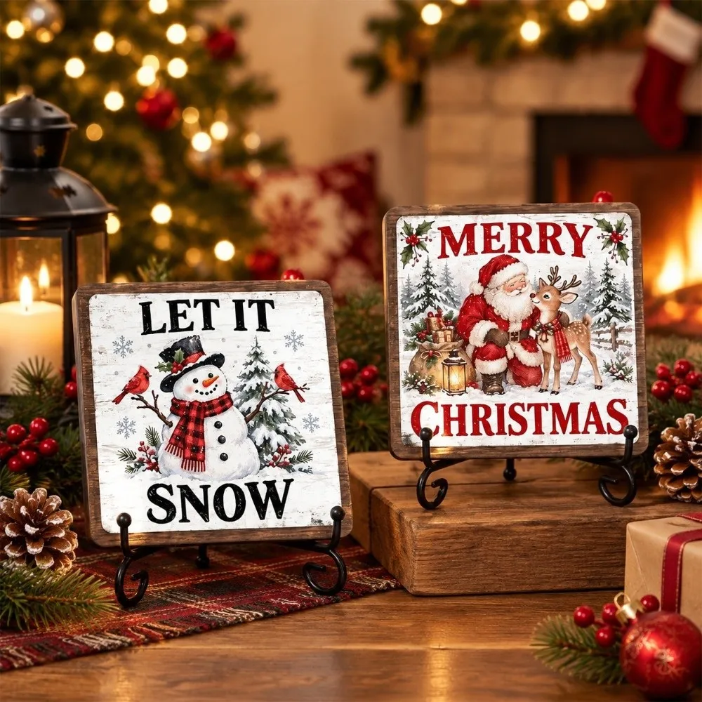 Reindeer Christmas Wooden Decorations Home Decor Snowman Christmas Decorative Board Sign 2D Flat Rustic Style