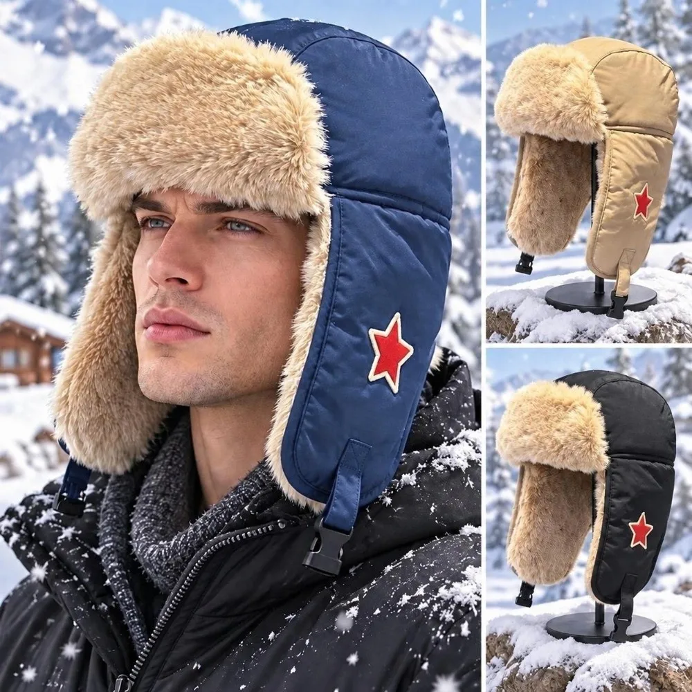 Faux Fur Lined Lei Feng Earflap Hat Windproof Cold-Resistant Pullover Cap Thickened Red Star Ushanka Hat Ear Protection Hat
