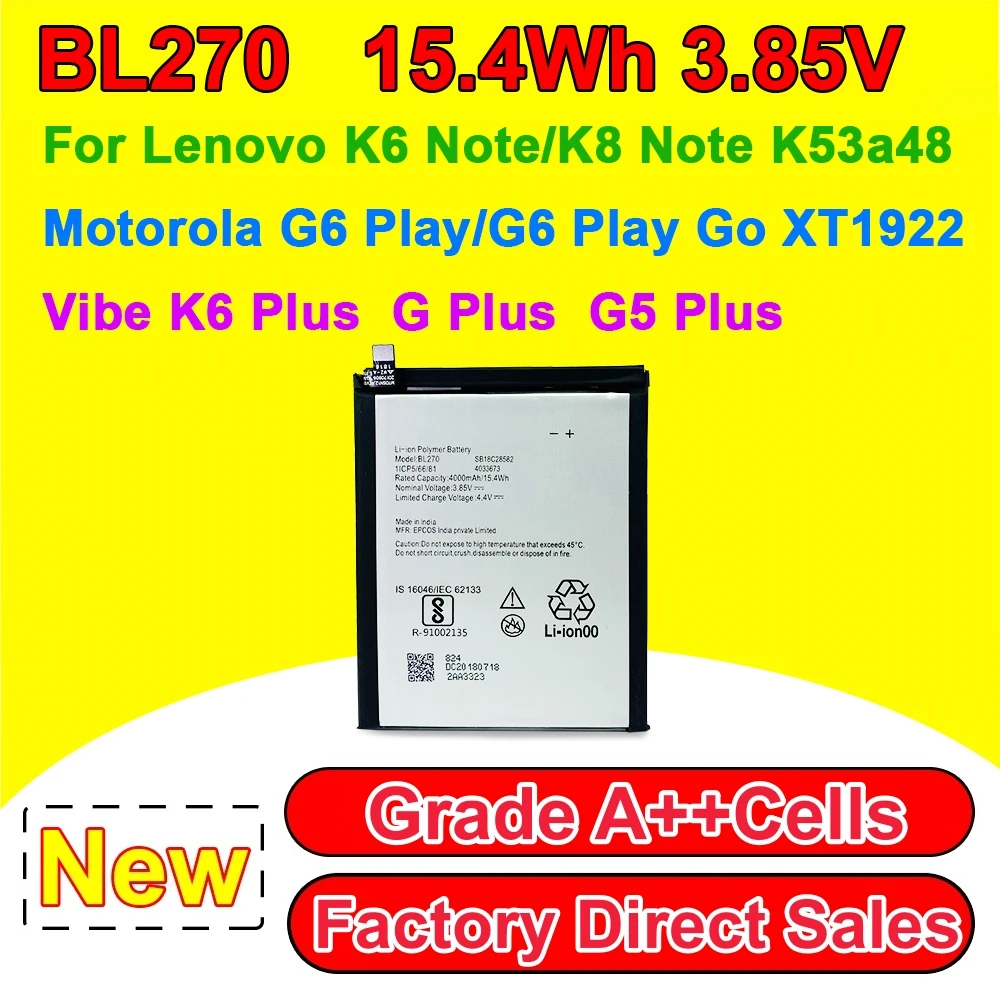 High Quality BL270 Phone Battery For Lenovo K6 Note K8 Note Vibe K6 Plus G Plus G5 Plus Moto G6 Play XT1922‑1 XT1922‑3 XT1922‑5 - view 2