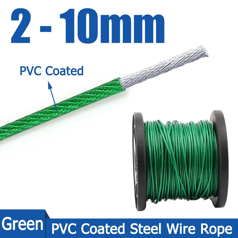 1-10M Dia 2-10mm Green PVC Coated Steel Wire Galvanized Steel Stranded Wire Rope Soft Cable Clothesline Outdoor Traction Rope