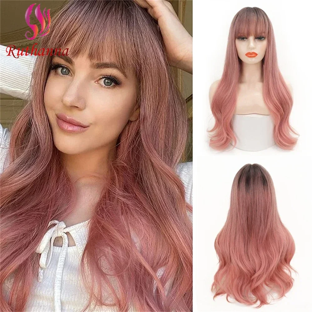 Ombre Pink Body Wave Synthetic Long Curly Wig Blunt Bangs For Women 24 Inch Fashion Lady Gradient Color Heat Resistant Fiber Wig