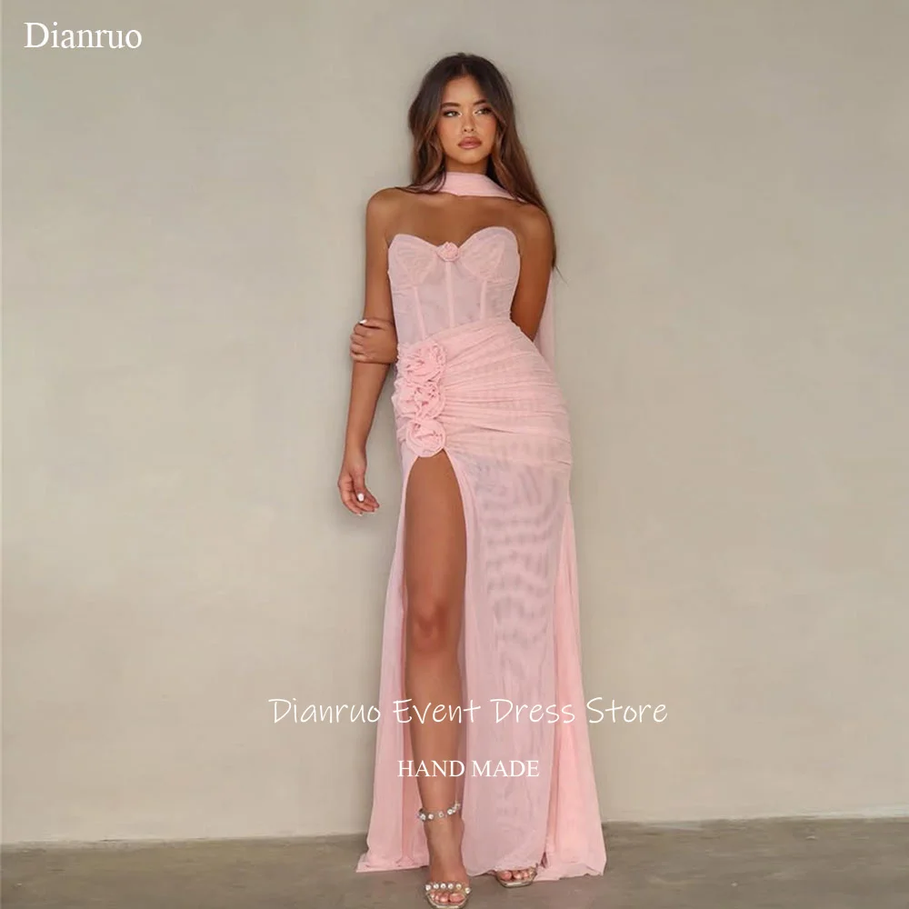 

Dianruo 3D Florals Maxi Evening Dresses Chiffon Pink Sweetheart Ruched Robes De Soirée Ribbons Romantic Party Gowns Customized