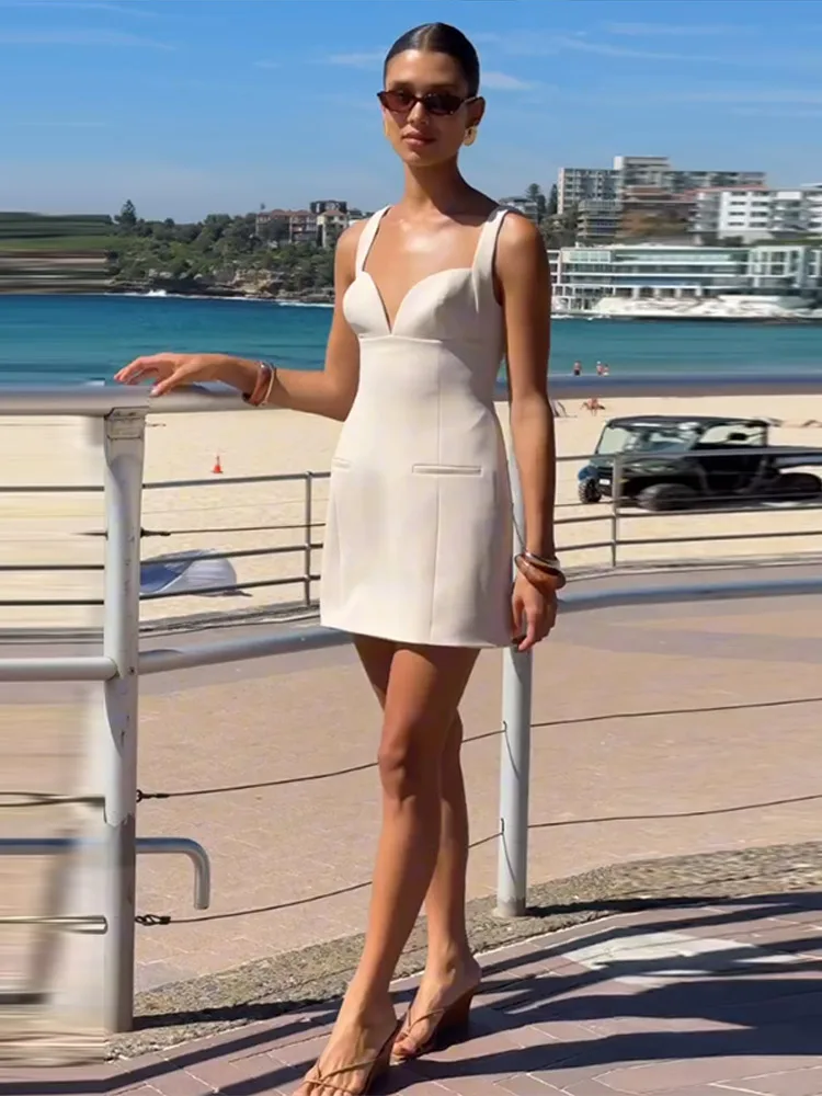 Elegant Blazerสลิงชุดสั้นผู้หญิงVคอBackless Slim A-Line Dresses 2025 ฤดูใบไม้ผลิฤดูร้อนLady ChicเดินทางRobes