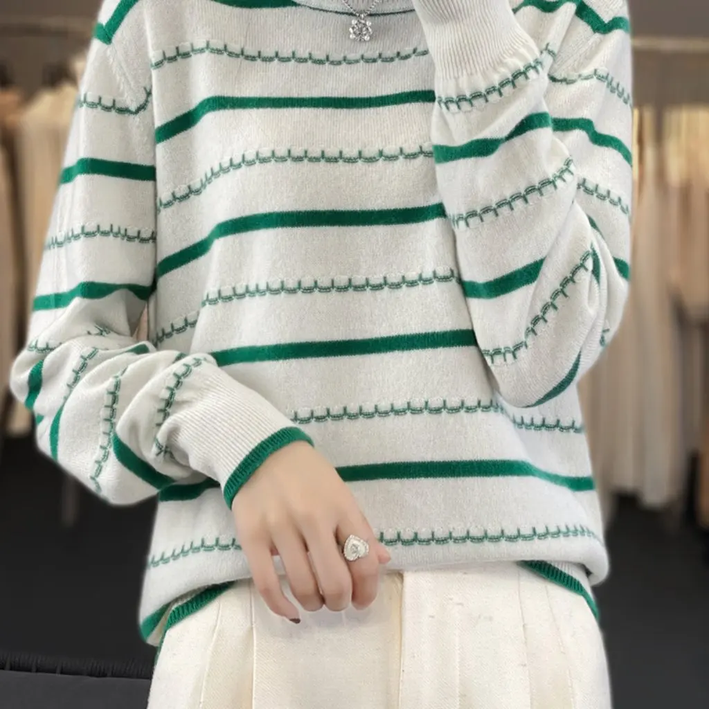

Women's Striped Long Sleeve round Neck Knitted Sweater Autumn Winter European American Style Base Shirt