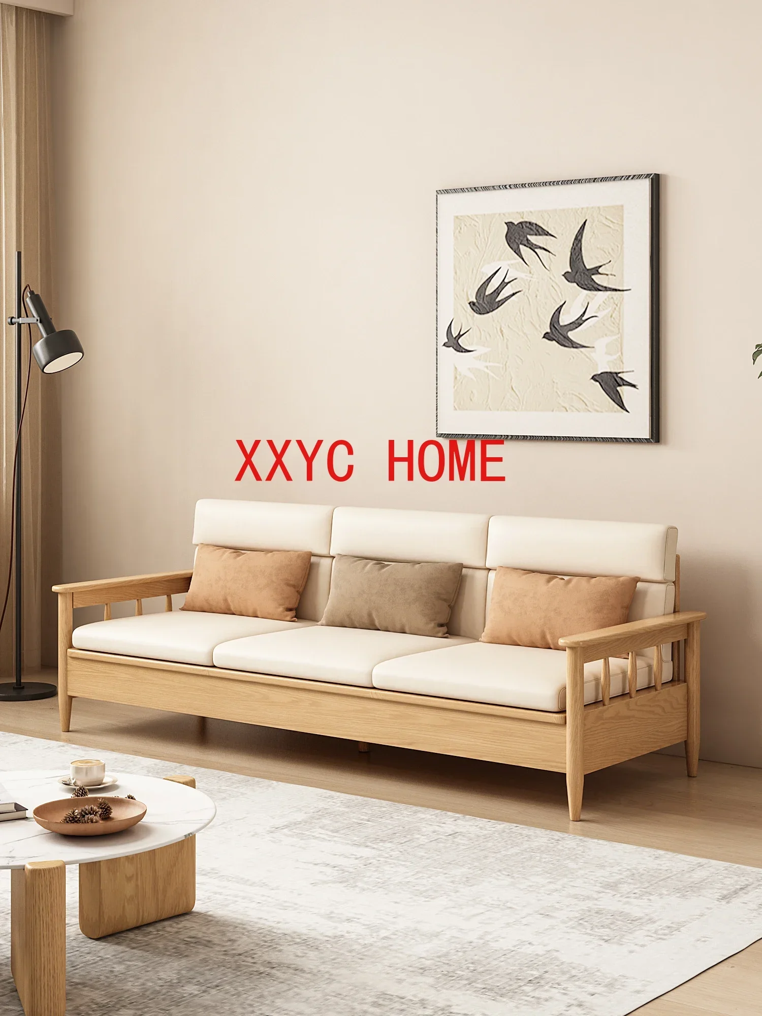 Almacenamiento de madera maciza de estilo japonés, sofá de almacenamiento multifuncional grande y pequeño para sala de estar, estilo crema