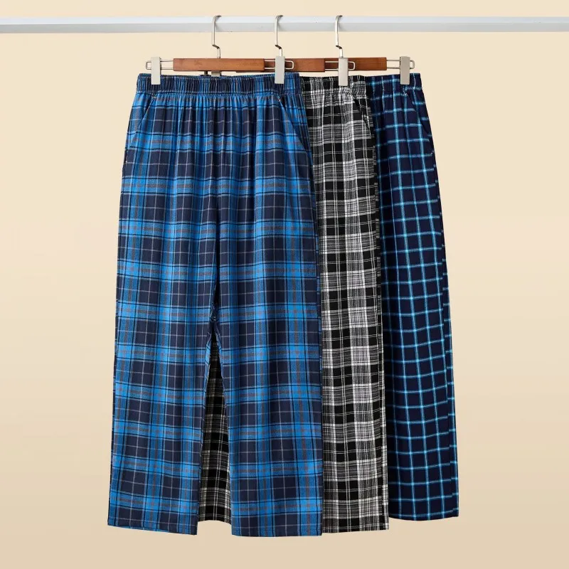 

2026 Spring Summer High Quality Pants Men 100% Cotton Sleep Bottoms Male Plus Size Night Trousers Men Casual Plaid Home Pants