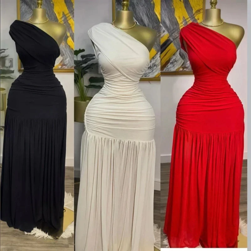 Frauen One Shoulder Skew Neck High Split Plissee Saum Bodycon Langes Maxikleid 2025, Abend Sexy Club Party Lange Maxikleider