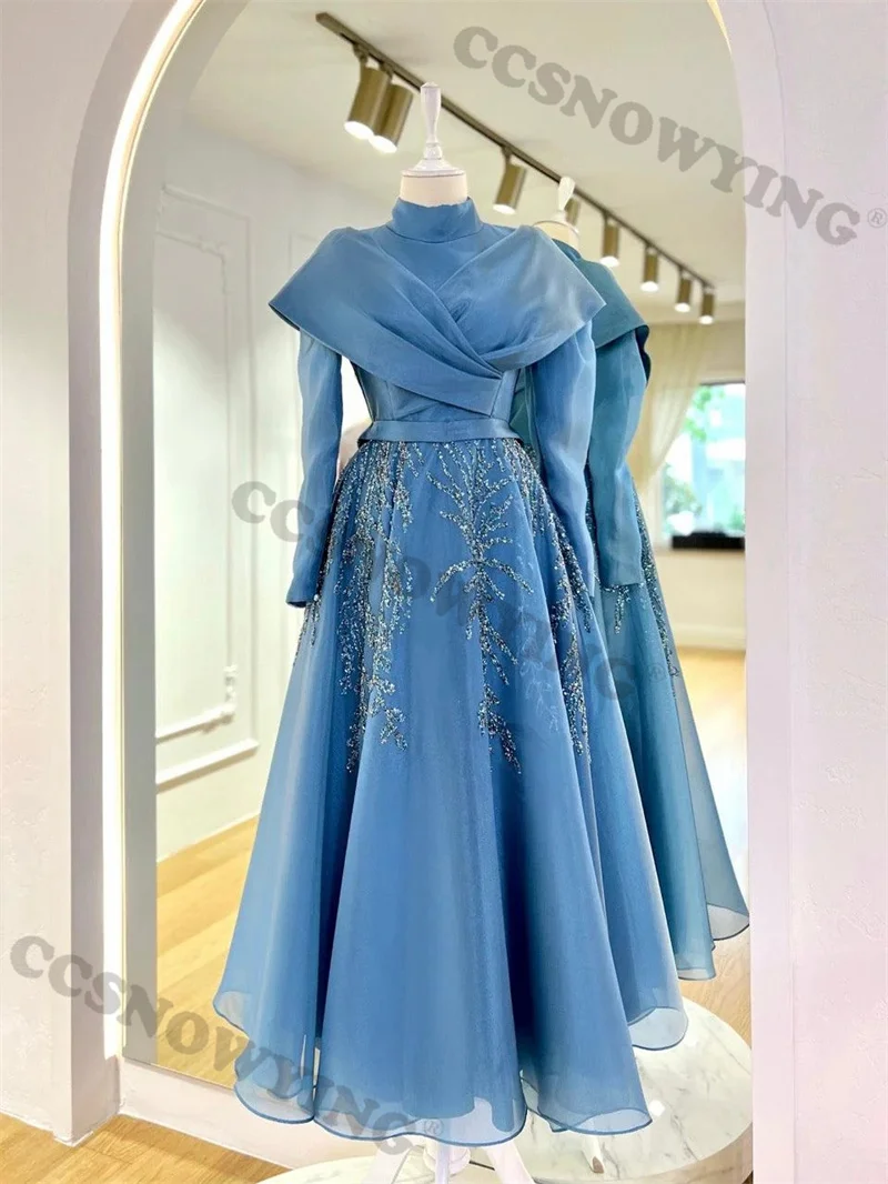 

Organza Beaded Muslim Evening Dresses Islamic Long Sleeve Women Formal Party Gown Prom Dress Arabic Dubai Robe De Soiree