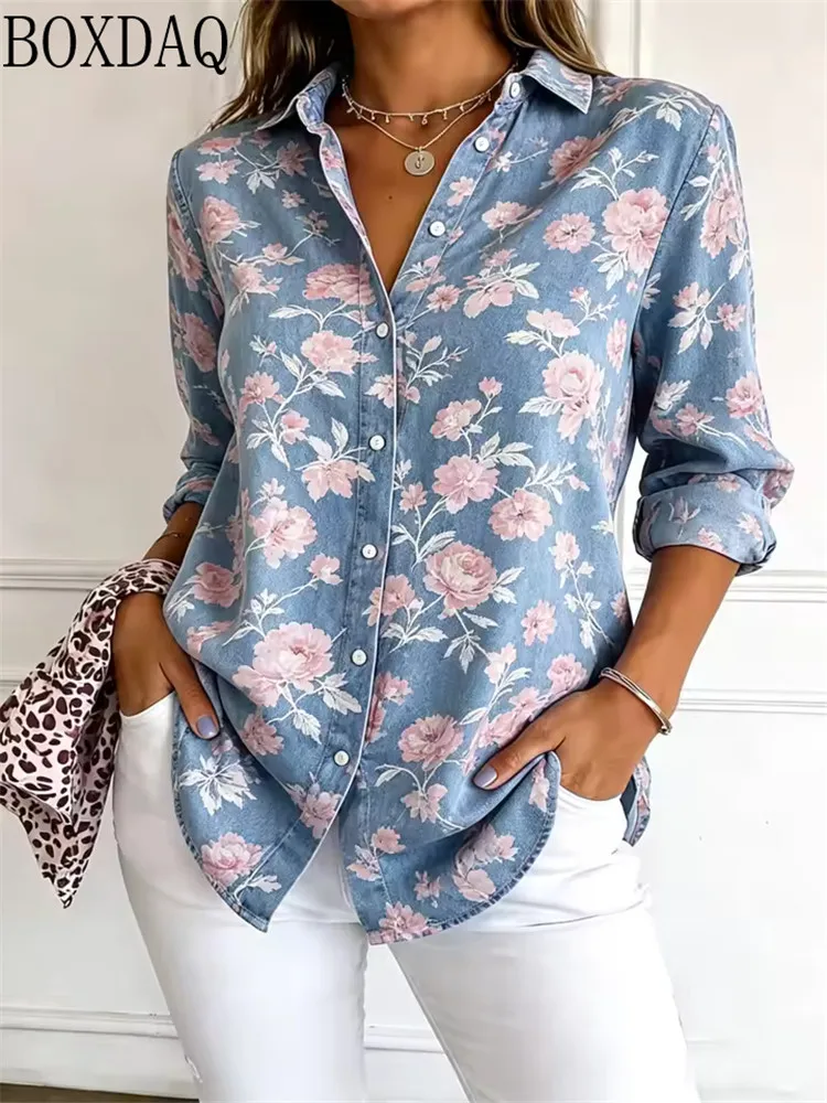 Vintage Flowers Pattern 3D Print Women Long Sleeve Shirts Autumn Women's Casual Daily Loose Button Holiday Shirt Women's Blouses
