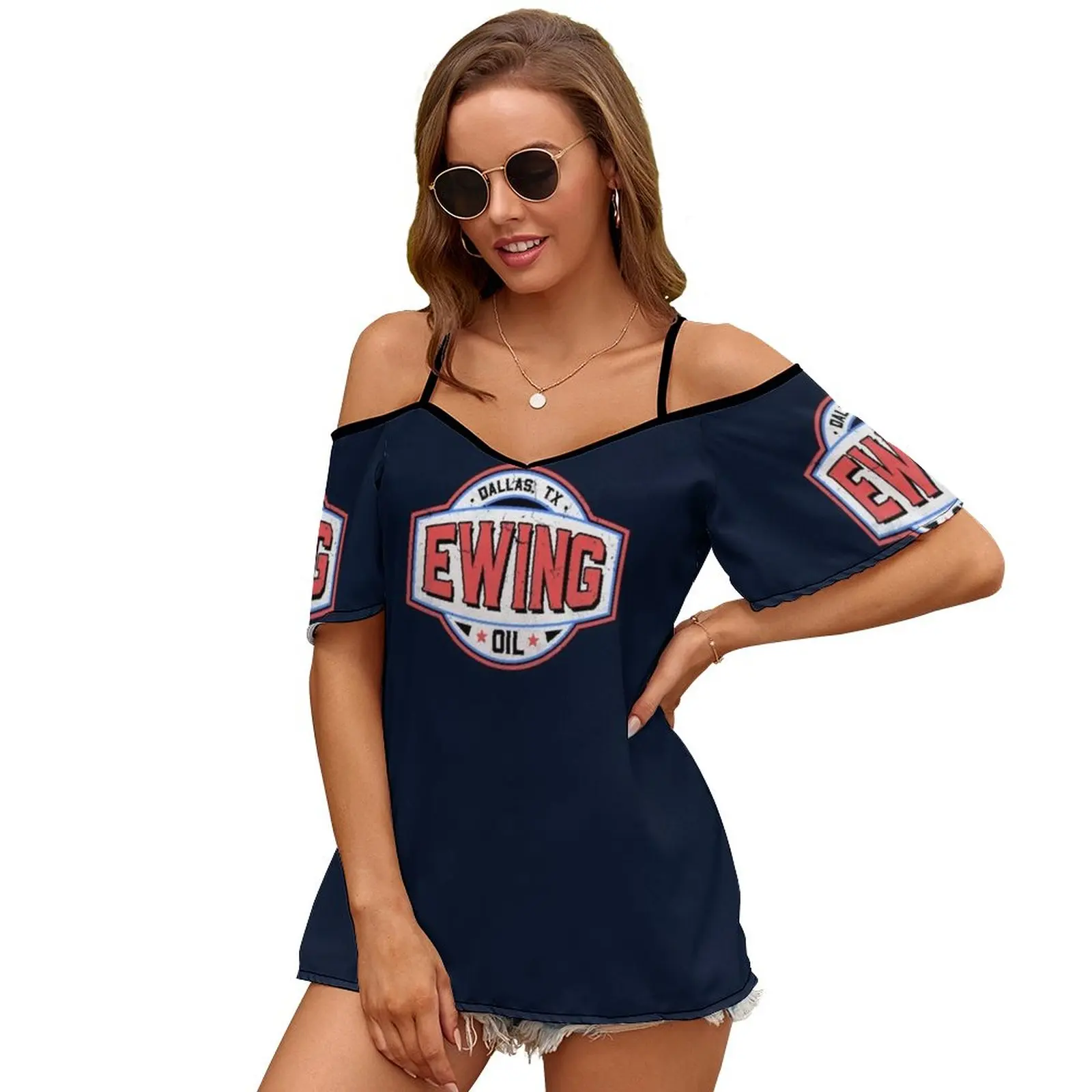 Ewing Oil Donna Zipper Sexy Stampato Vintage T-shirt Top T-shirt con stampa completa Ewing Ewing Oil Jr Ewing Dallas Tv Show Retro Tv