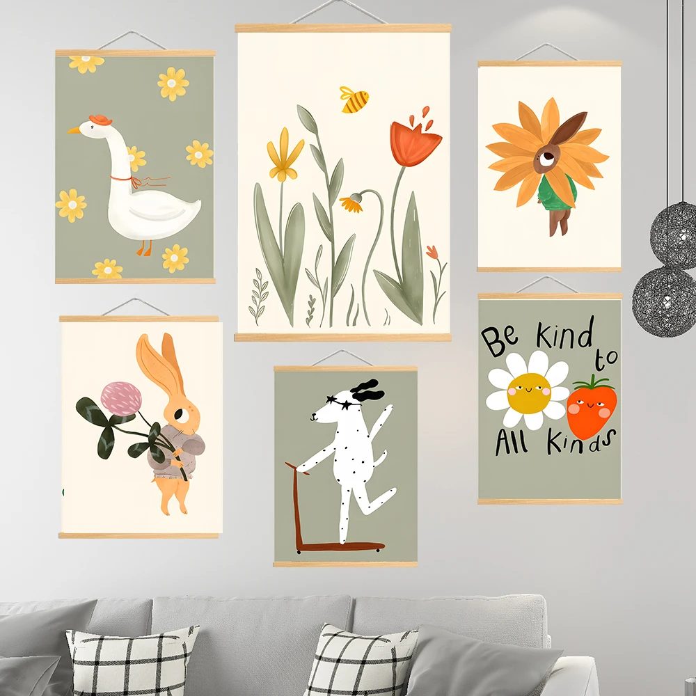 Divertido conejo ratón ganso perro flor verde salvia dibujos animados rollos De madera pintura carteles impresiones imágenes Kawaii bebé niños habitación De