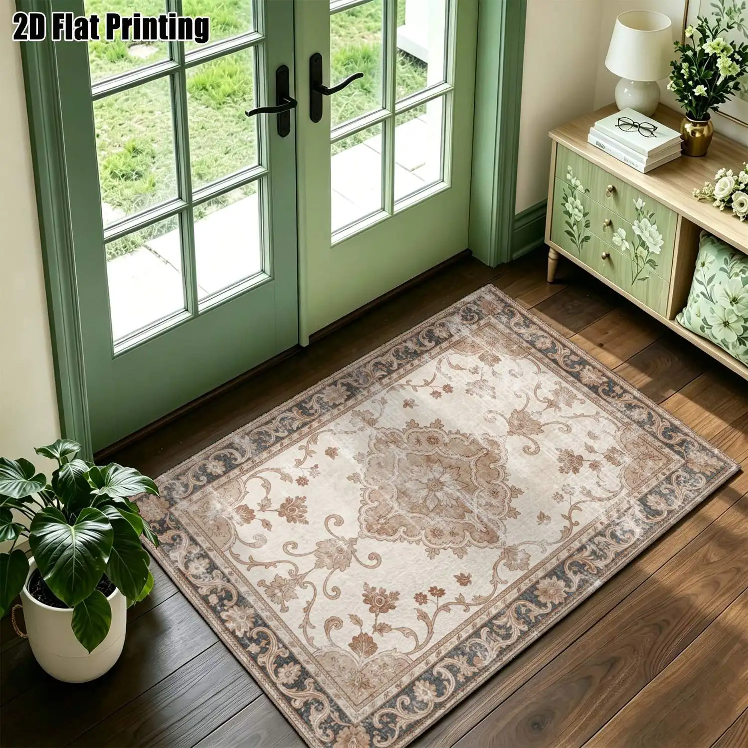 1Pc 2D Printed Carpet: Beige-Brown Retro Floral European Style Rug, Machine Washable, Multi-Size for Home Decor, Entrance/Dining/Bedroom/Living Room Use