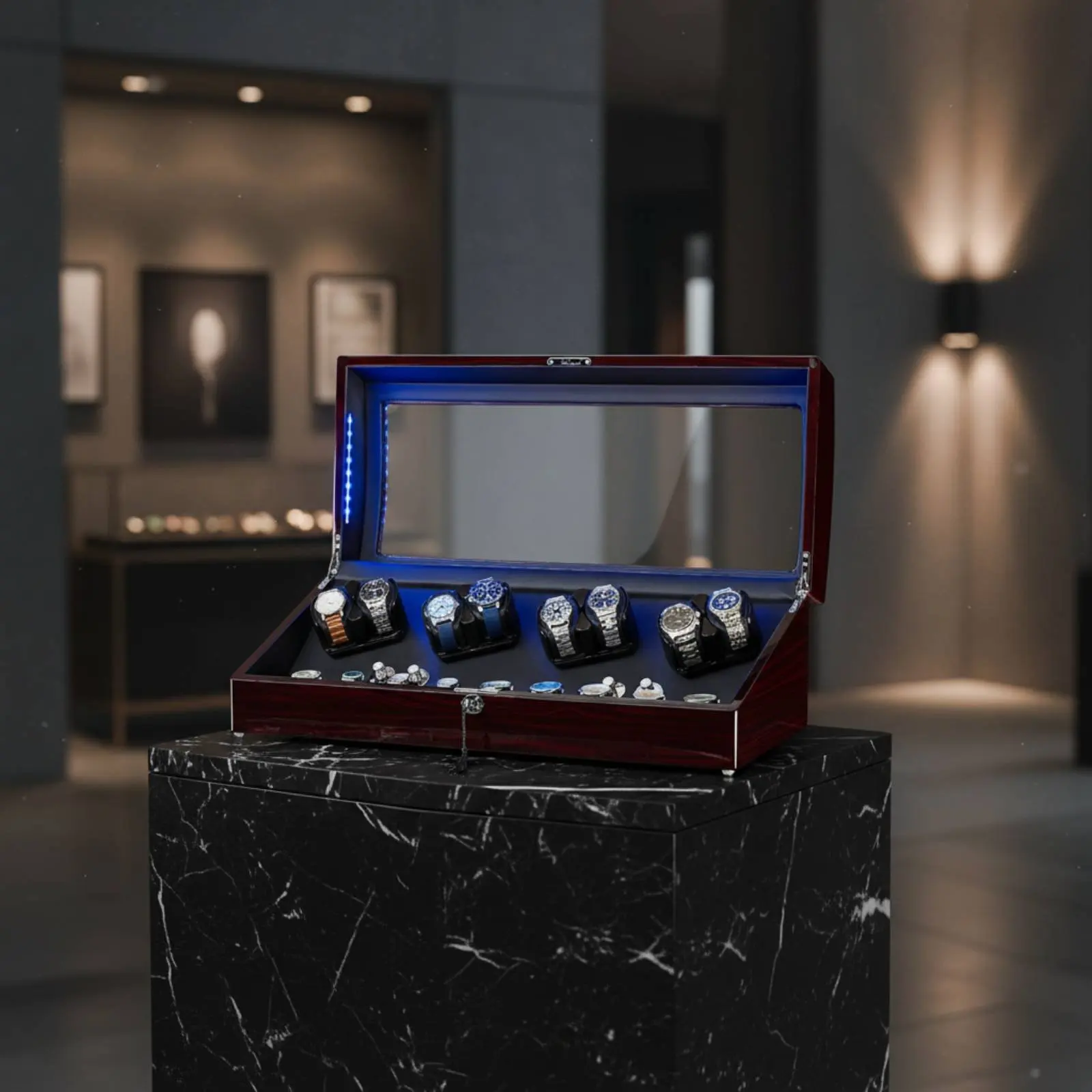 8+9 Watch Winder Box Multiple Rotation Modes Automatic Watch Winder Jewelry Storage Sturdy Wood Construction Lid Activated Stop