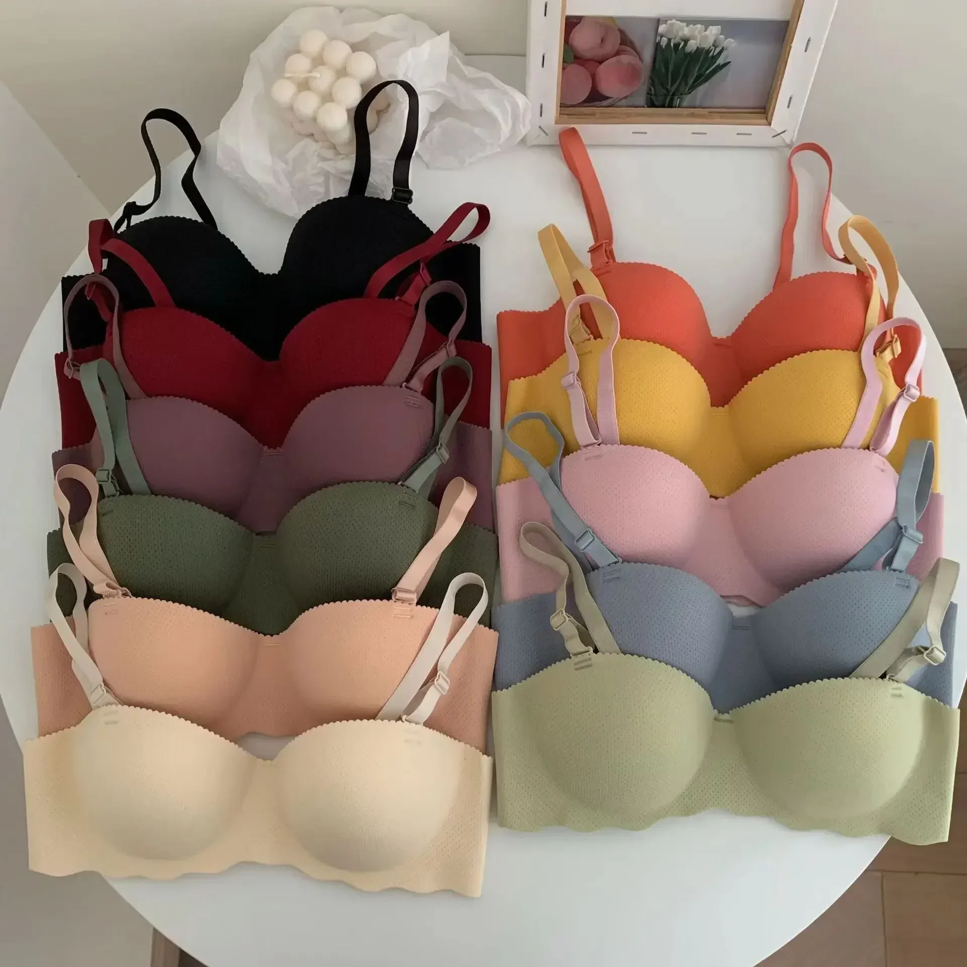 Frauen einteiliger verstellbarer BH solide ohne Stahlring Unterwäsche atmungsaktiv Push-up nahtlos intimates kleine Brust geraffte Dessous