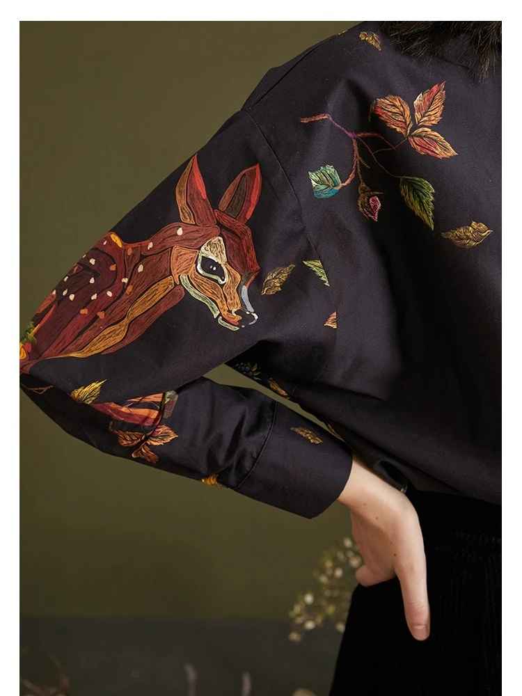 

116-124cm Bust Spring Fall Shirts Women Original Design Vintage Elegant Deer Leaves Print Loose Black 100%Cotton Shirts/Blouses
