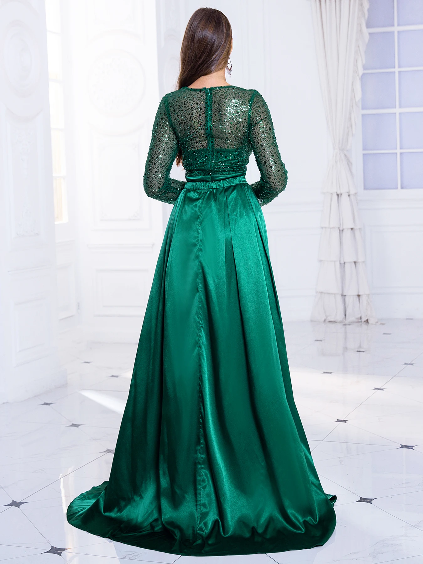 Sequined Floor Length Evening Party Dress Long Sleeve Prom Gown Padded O Neck Long with Detachable Satin Skirt Green Gold