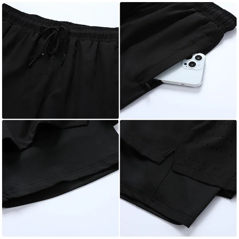 Pantalones de chándal para correr para hombre, pantalones cortos deportivos de entrenamiento de gimnasio, bolsillos con cremallera, pantalones de Fitness dobles informales 2 en 1, jerséis finos de playa